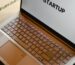 Sleek laptop displaying the word 'STARTUP', ideal for tech and business themes.